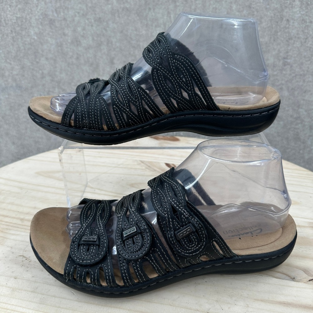 Clarks Laurieann Ruby Sandals Womens 8 Black Leather Strappy Slides Comfort